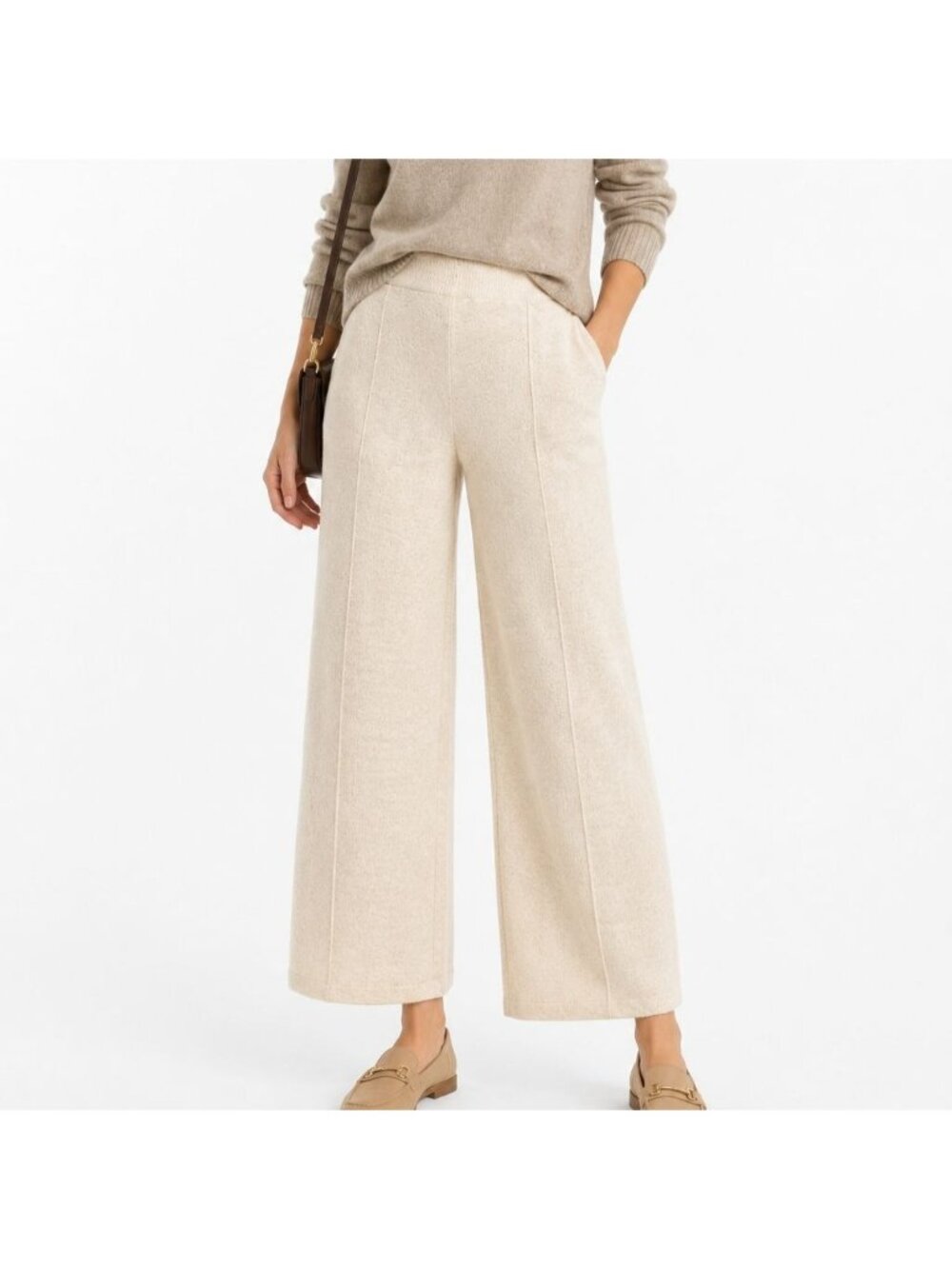 Paper Label Wide Leg Knit Pants Women's Small Oatmeal High Rise Lounge Cotton